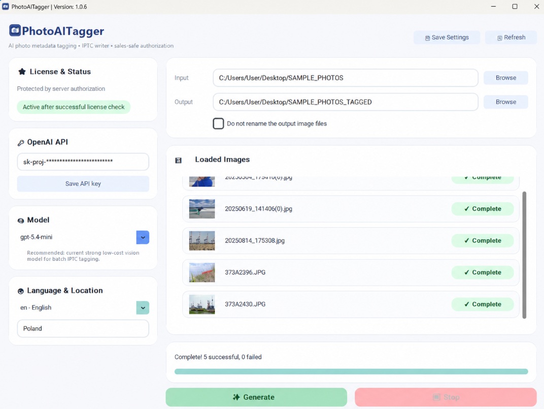 UI programu Photo AI Tagger by Cosmosens.pl